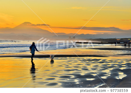 Shonan beach sunset and dog walking scene 97738559
