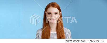 Excited good-looking confident young dreamy redhead girl blue eyes aimed success determined get job attend interview standing self-assured smiling friendly encourage herself, blue background Excited good-looking confident young dreamy redhead girl blue eyes aimed success determined get job attend interview standing self-assured smiling friendly encourage herself, blue background 97739132