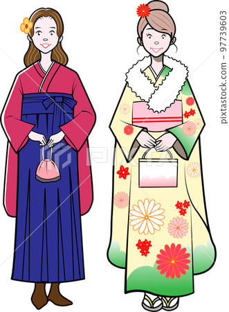 Women in sunny clothes and hakama 97739603