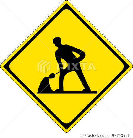 Warning sign road construction under construction construction man shovel shovel yellow silhouette Warning sign road construction under construction construction man shovel shovel yellow silhouette 97740596