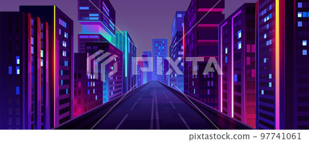 City night street, road and houses with neon ligth City night street, road and houses with neon ligth 97741061