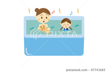 Illustration of a mother taking a bath with her baby and her upper child Illustration of a mother taking a bath with her baby and her upper child 97741665