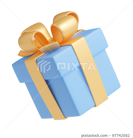 3D render blue gift box with gold ribbon, package 97742082