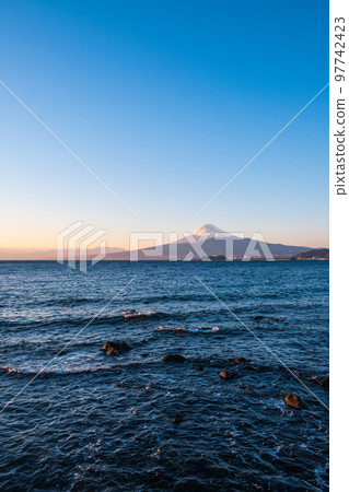 Mt. Fuji at dusk seen over Uchiura Bay 97742423