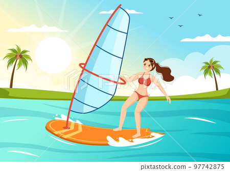 Windsurfing with the Person Standing on the Sailing Boat and Holding the Sail in Extreme Water Sport Flat Cartoon Hand Drawn Templates Illustration 97742875