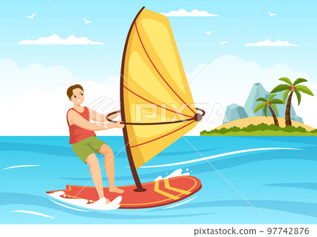 Windsurfing with the Person Standing on the Sailing Boat and Holding the Sail in Extreme Water Sport Flat Cartoon Hand Drawn Templates Illustration 97742876