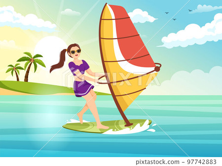 Windsurfing with the Person Standing on the Sailing Boat and Holding the Sail in Extreme Water Sport Flat Cartoon Hand Drawn Templates Illustration 97742883