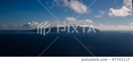 Aerial panoramic view to Corvo island, Azores, Portugal Aerial panoramic view to Corvo island, Azores, Portugal 97743117