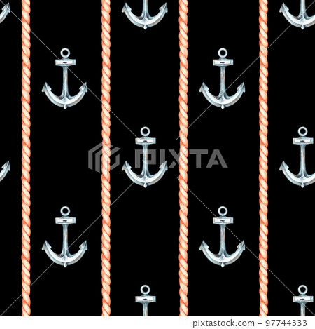 Marine seamless pattern. Anchor and rope. Watercolor illustration. Isolated on a black background. For your design stickers, design of men's and children's products, fabrics 97744333