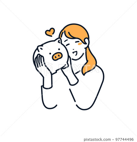 A simple vector illustration material of a young woman holding a piggy bank with a smile A simple vector illustration material of a young woman holding a piggy bank with a smile 97744496