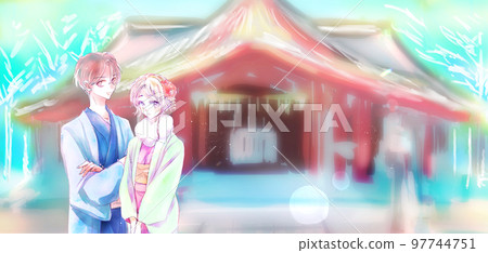 穿和服的男女新年參拜背景神社 97744751