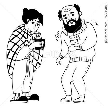 Couple of cold people. Sick unhappy pensioner, old man, cold and trembling. Woman wrapped in blanket with hot tea. Vector illustration in doodle style. Concept cold season, cold and cure. Couple of cold people. Sick unhappy pensioner, old man, cold and trembling. Woman wrapped in blanket with hot tea. Vector illustration in doodle style. Concept cold season, cold and cure. 97745089