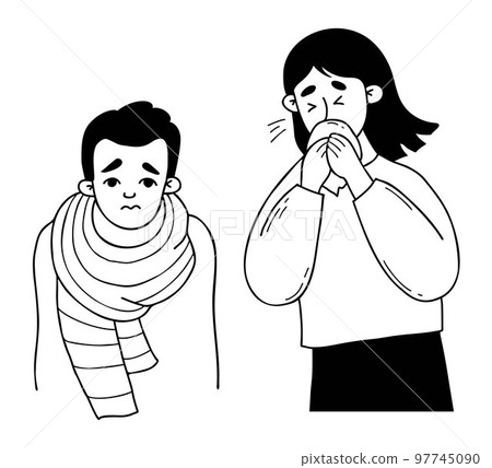 Couple of sick people with cold. Frozen sad guy wrapped in scarf. Girl sneezing into handkerchief. Vector outline illustration in doodle style. Cold season character concept, cold and cure. Couple of sick people with cold. Frozen sad guy wrapped in scarf. Girl sneezing into handkerchief. Vector outline illustration in doodle style. Cold season character concept, cold and cure. 97745090