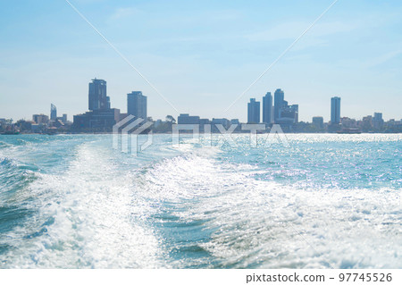 Aerial view of Pattaya sea, beach in Thailand in summer season, urban city with blue sky for travel background. Chon buri skyline. 97745526