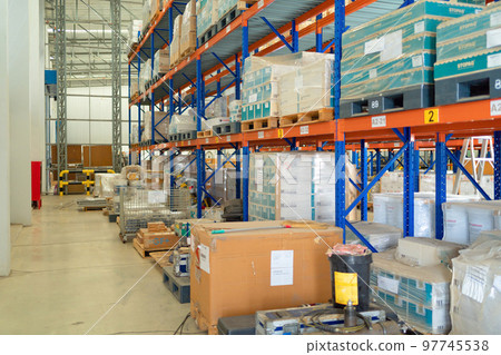 Interior of large warehouse retail store industry. Rack of furniture and home accessories stock storage. Interior of cargo in ecommerce and logistic concept. Depot 97745538