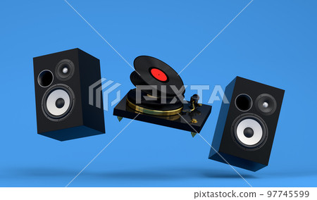 Set of Hi-fi speakers and DJ turntable for sound recording studio on blue. Set of Hi-fi speakers and DJ turntable for sound recording studio on blue. 97745599