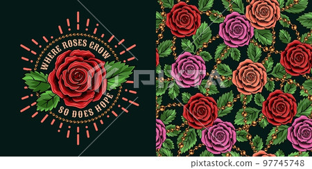 Set of pattern, emblem with text, blooming roses, bronze chains. Black background. Vector vintage illustration. For T-shirt, clothing, fabric, surface design Set of pattern, emblem with text, blooming roses, bronze chains. Black background. Vector vintage illustration. For T-shirt, clothing, fabric, surface design 97745748