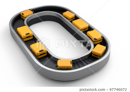 Airport luggage conveyor belt or baggage claim area with suitcases on white. Airport luggage conveyor belt or baggage claim area with suitcases on white. 97746072