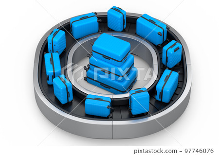 Airport luggage conveyor belt or baggage claim area with suitcases on white. Airport luggage conveyor belt or baggage claim area with suitcases on white. 97746076