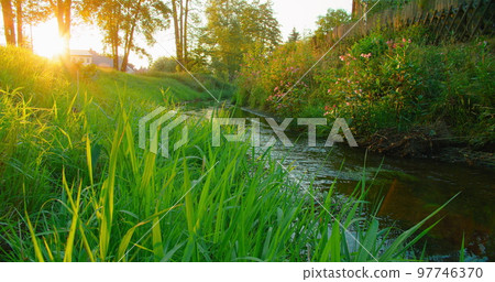Sunrise over green river, water stream. Calmness, relaxation, meditation, solitude, beauty of nature concept. Rural landscape. Village in Germany. Close-up lush grass flowers grow along brook. Nobody. Sunrise over green river, water stream. Calmness, relaxation, meditation, solitude, beauty of nature concept. Rural landscape. Village in Germany. Close-up lush grass flowers grow along brook. Nobody. 97746370