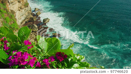 Rocky beach sea bay with transparent blue water at sunny summer day and bright pink flowers in foreground. Ocean waves crash on limestone rocks. Static close-up foootage. Nobody. 97746620