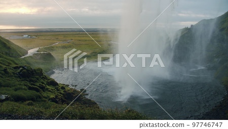 Seljalandfoss waterfall in summer sunset, Iceland 97746747