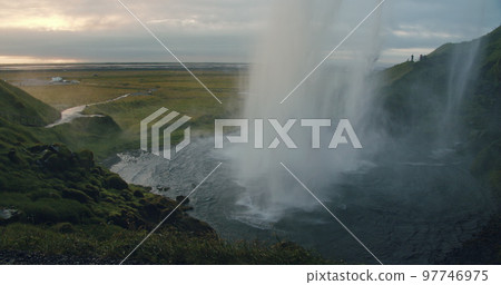 Seljalandfoss waterfall in summer sunset, Iceland 97746975