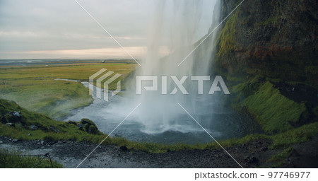 Close up of beautiful Seljalandfoss waterfall by sunset, Iceland 97746977