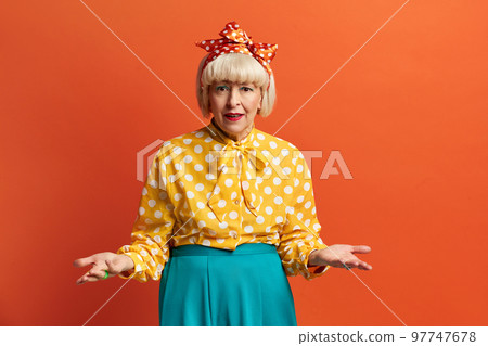 Nervous Woman Conflicting Studio. Disgruntled Grandmother Asking Reason 97747678