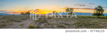 Panorama 180, Grigorievskoe gorge lake.Mountain clear lake at sunset, on a sandy beach. 97748220