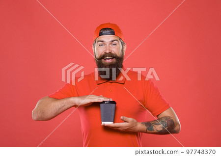 Coffee to go. Cafe stuff red uniform with cap serving drink. Third wave of coffee is movement to consume enjoy and appreciate high quality coffee. Alternative concept. Cafe barista hold coffee cup 97748370