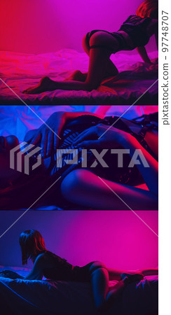 girl with a sexy body in underwear on bed. Erotic collage 97748707