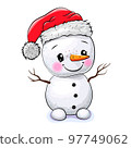 Snowman with santa hat, isolated on white background. Vector illustration 97749062