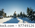 A man riding skis down a snow covered slope 97749126