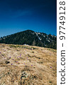 Purple flowers, crocuses on yellow grass, spring in the mountains 97749128