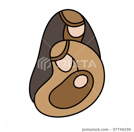 Vector color Christmas Christian religious Nativity Scene of baby Jesus with Mary and Joseph. Logo icon sketch. Doodle hand drawn illustration 97749299