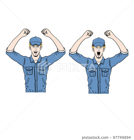 Caucasian worker doing a guts pose Caucasian worker doing a guts pose 97749894