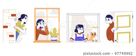 Curious spying people, peeping searching characters. Men and women secretly looking out from door or window, observing people isolated flat vector illustration on white background 97749992