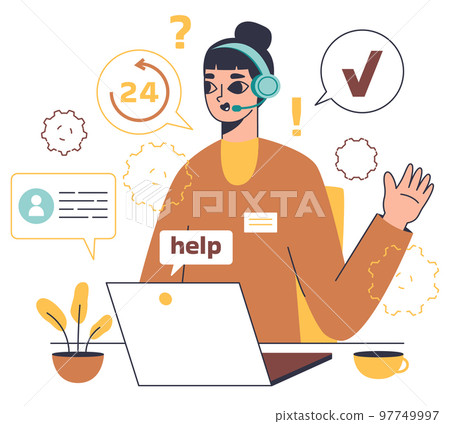 Female personal assistant, customer service worker. Online consulting, technical specialist solving problem, support hotline service operator flat vector illustration on white background Female personal assistant, customer service worker. Online consulting, technical specialist solving problem, support hotline service operator flat vector illustration on white background 97749997