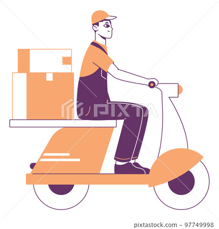 Flat delivery service worker driving scooter. Courier character receiving parcels isolated flat vector illustration on white background 97749998