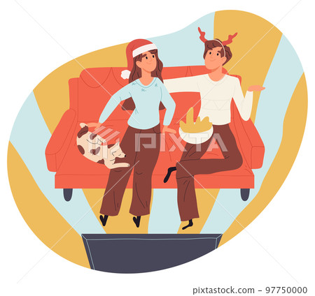 Flat happy celebrating people, xmas winter holiday celebration. Christmas party festive preparation and winter activities isolated flat cartoon vector illustration on white background 97750000