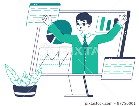 Flat online business consulting service. Man on gadget screen provide service, business web platforms app isolated flat vector illustration on white background 97750001