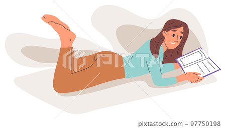Flat reading girl, literature lover with book in hands. Female character reading book in comfy position isolated flat vector illustration on white background 97750198