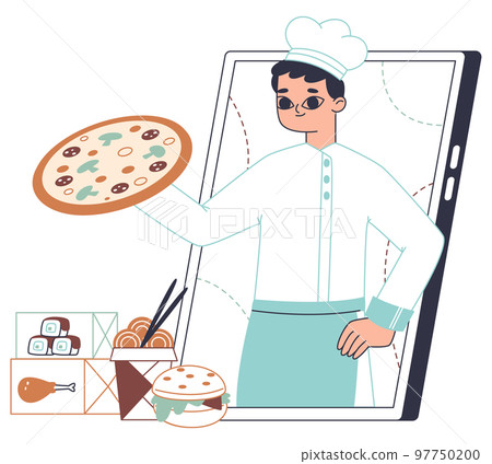 Food service, online pizza delivery app. Man on gadget screen provide takeaway food service, web restaurant platform app isolated flat vector illustration on white background Food service, online pizza delivery app. Man on gadget screen provide takeaway food service, web restaurant platform app isolated flat vector illustration on white background 97750200