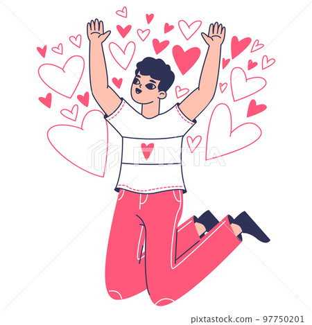 Happy man in love, jumping romantic character. Person fell in love surrounded by red hearts flat vector illustration on white background. Valentines day scene 97750201