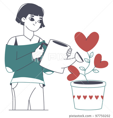 Happy woman in love, planting love hearts. Romantic cute girl fall in love flat vector illustration on white background. Love, valentines day scene 97750202
