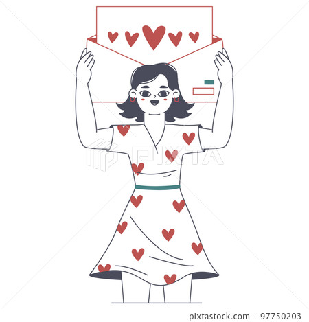 Happy woman sending love message. Romantic cheerful girl in love flat vector illustration on white background. Love, valentines day scene Happy woman sending love message. Romantic cheerful girl in love flat vector illustration on white background. Love, valentines day scene 97750203