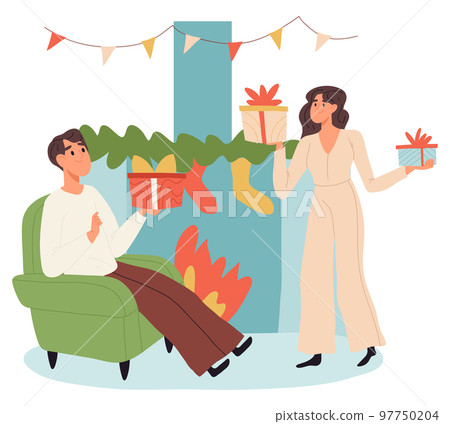 Happy xmas celebrating people, Christmas party festive preparation. Winter holiday celebration, xmas winter activities isolated flat cartoon vector illustration on white background 97750204