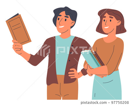 High school or college students standing with books. Girl and boy holding educational literature, reading young people isolated flat vector illustration on white background High school or college students standing with books. Girl and boy holding educational literature, reading young people isolated flat vector illustration on white background 97750208