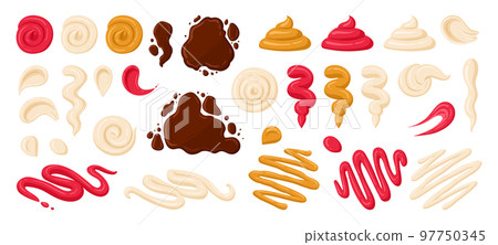 Sauce stains, mayo, ketchup and mustard dip. Cartoon sauce splash, fast food dressing, yellow cheese and barbeque sauce flat vector illustration set. Junk food dressing sauces 97750345
